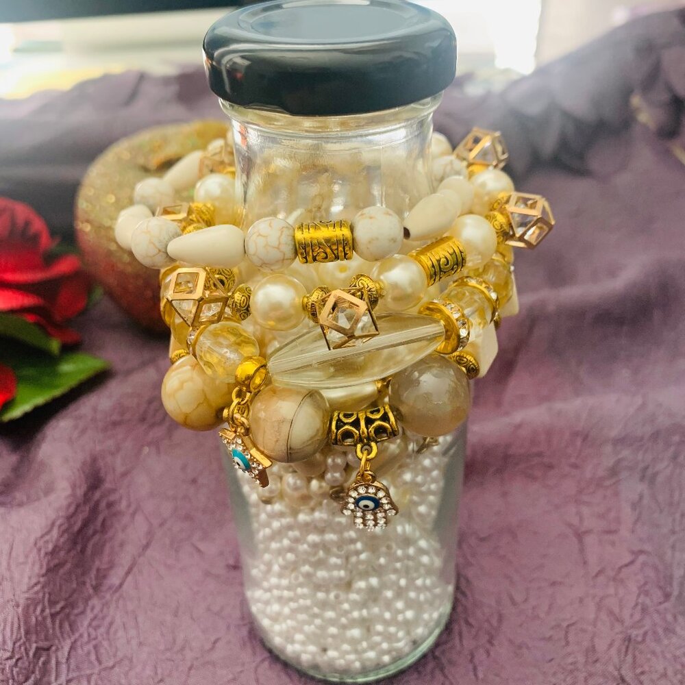 Evil Eye Charm Translucent Agate, Riverstone, Magnesite & Crystal Bracelet Set